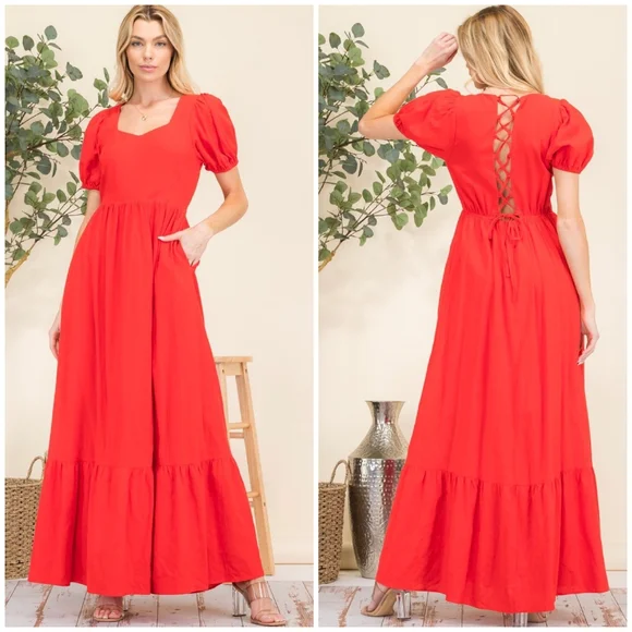 HYFVE Boho Chic Rich Red Puff Sleeves Tiered Maxi Dress - Picture 6 of 8